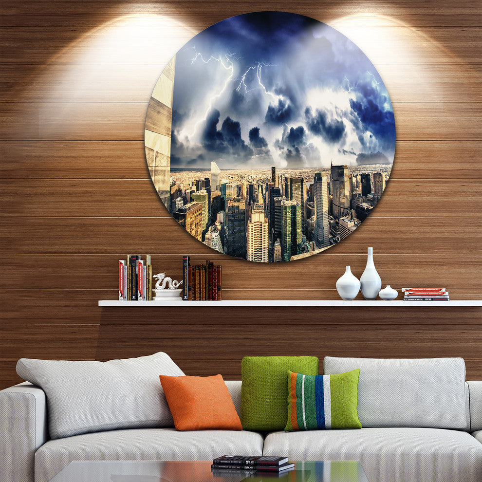 Storm Above Manhattan Skyscrapers, Cityscape Disc Metal Wall Art, 11"