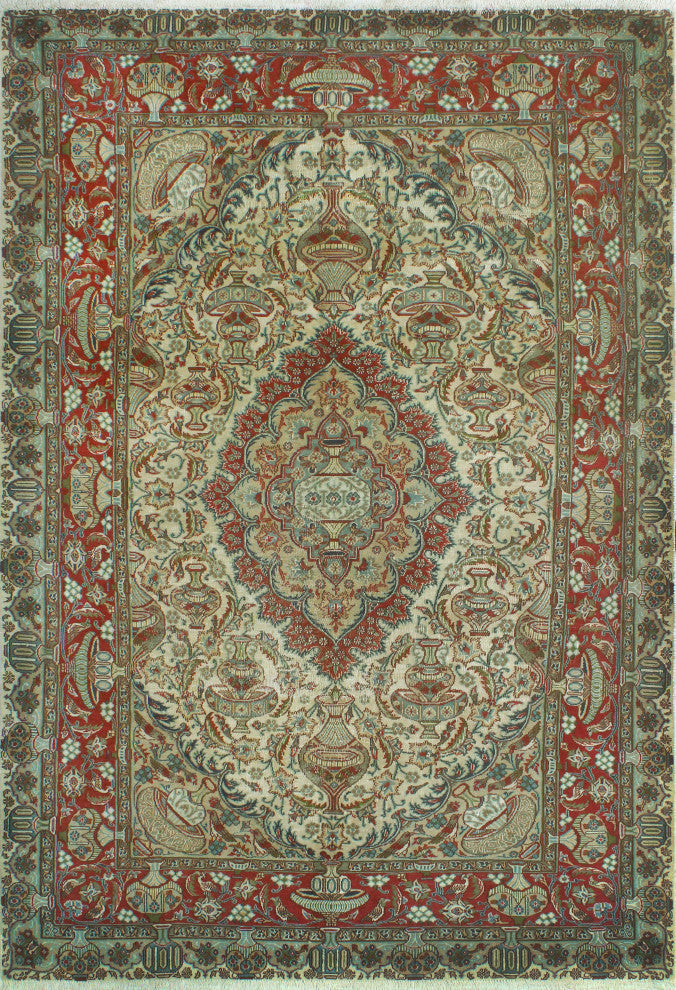 Fine Vintage Distressed Claiborn Beige/Burgundy Rug, 6'6x9'7