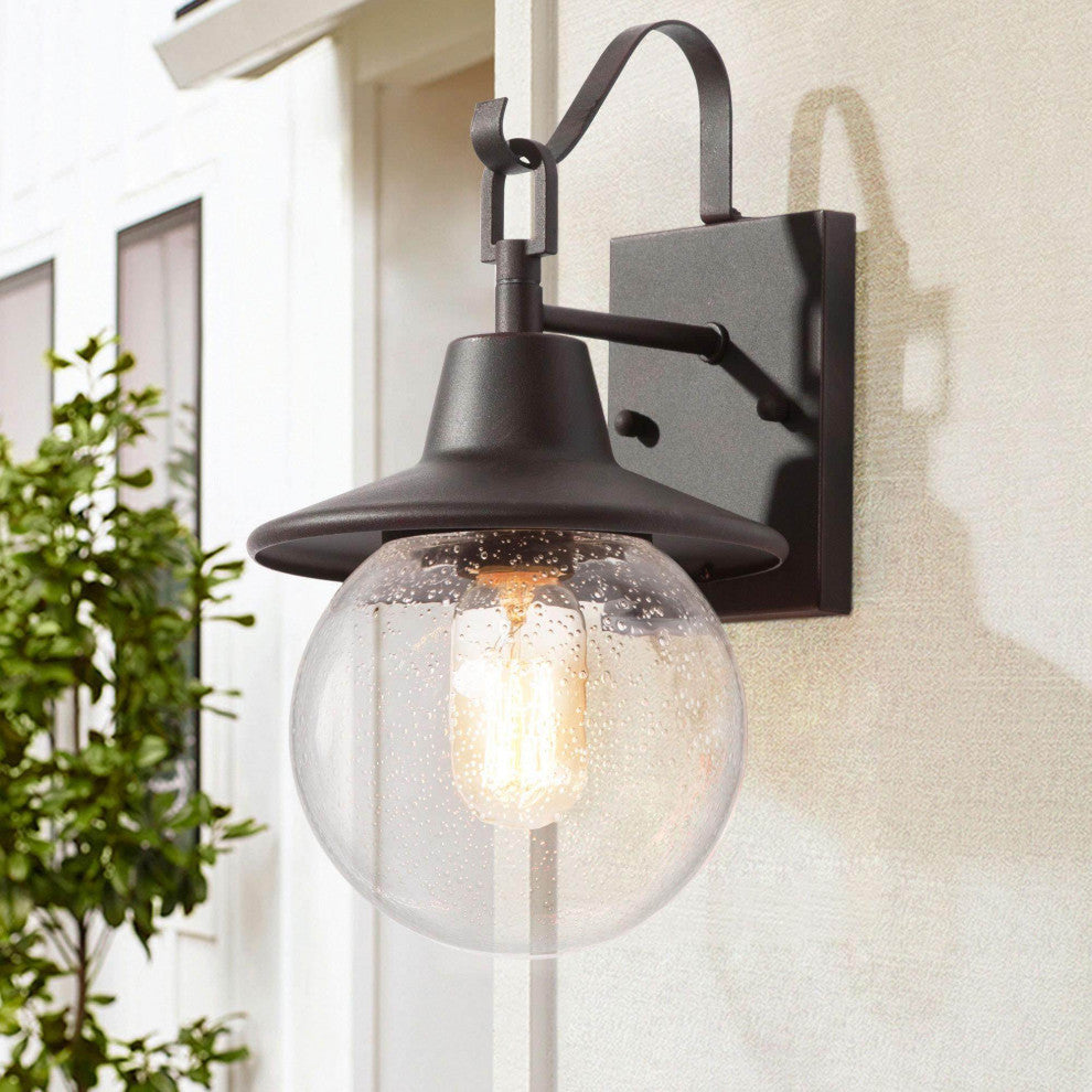 1-Light Antique Bronze/Seeded Glass Farmhouse Mini Outdoor Pendant Light Rusty
