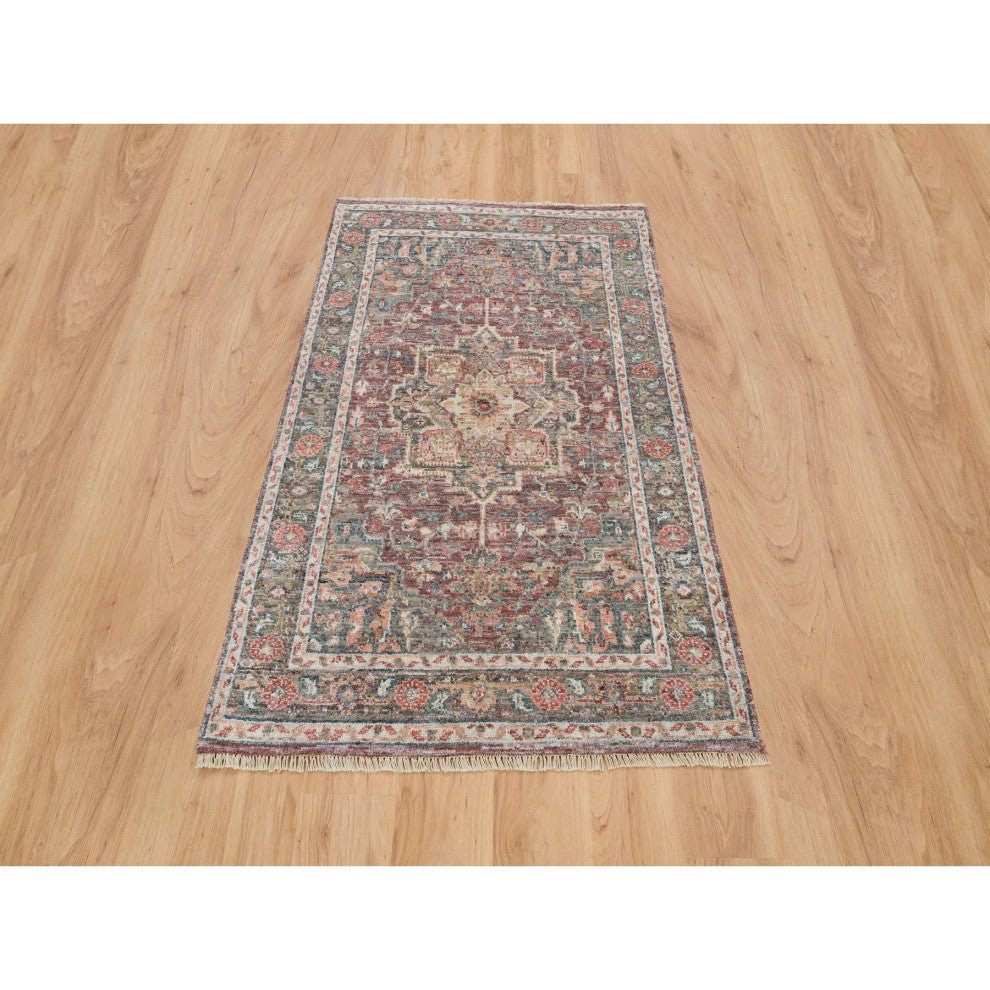 Wine Red Extra Soft Wool Heris Revival Hand Knotted Oriental Rug, 3'10"x5'11"
