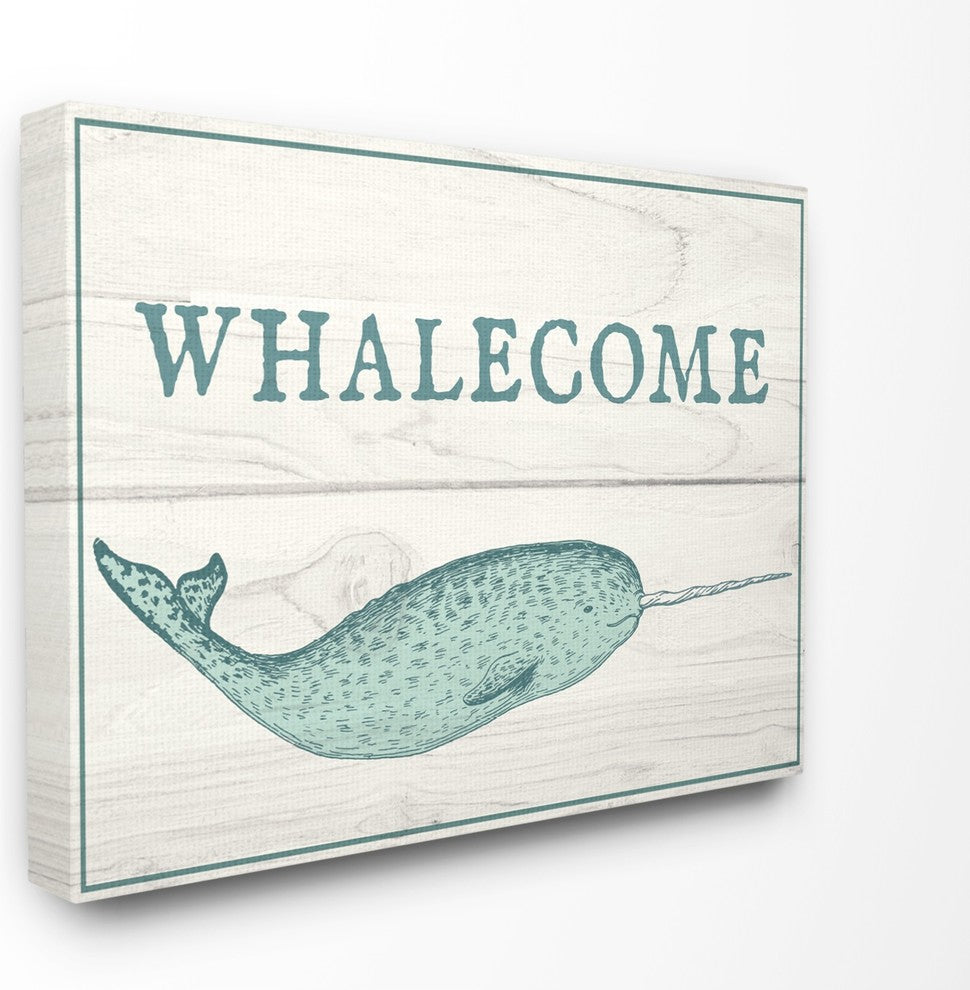 Blue & White Whalecome Welcome Narwhal Planks XXL Canvas Wall Art, 30"x40"