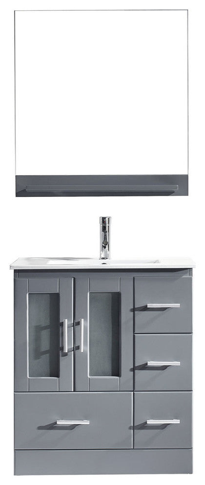 Virtu Zola Single Bathroom Vanity, Brushed Nickel Faucet and Mirror, Gray
