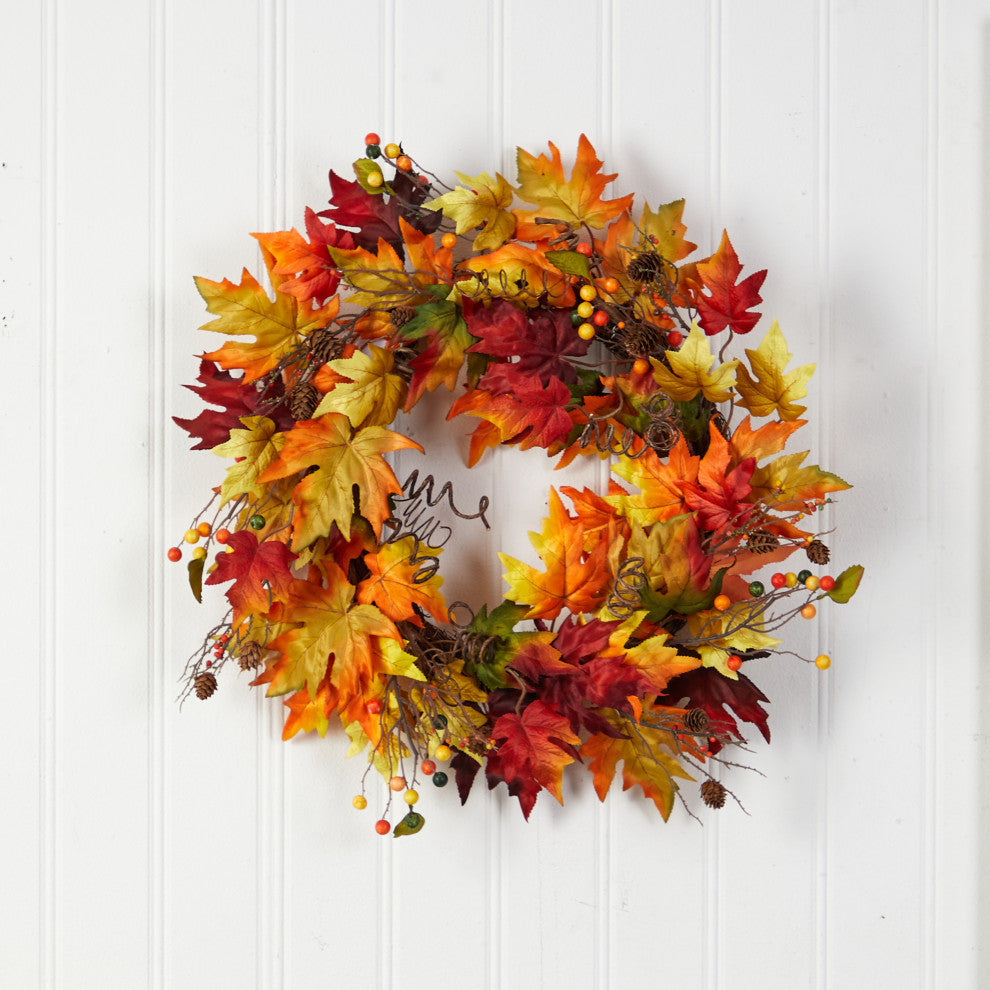 24" Autumn Maple Leaf and Berries Artificial Fall Wreath With Twig Base