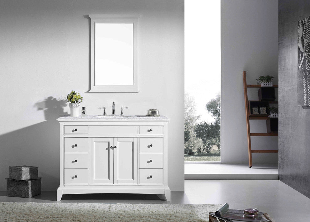 48" White Vanity Set Double OG White Carrera Marble Top,White Porcelain Sink