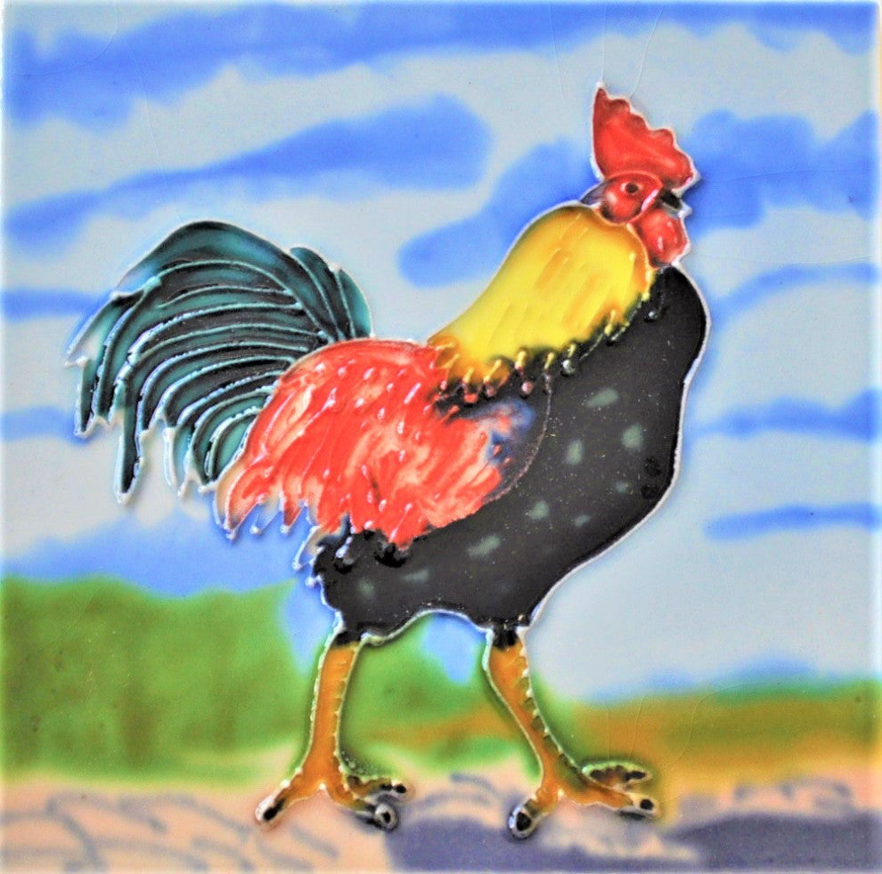 6x6" Black and Red Rooster Ceramic Art Tile Hot Plate Trivet and Wall Decor