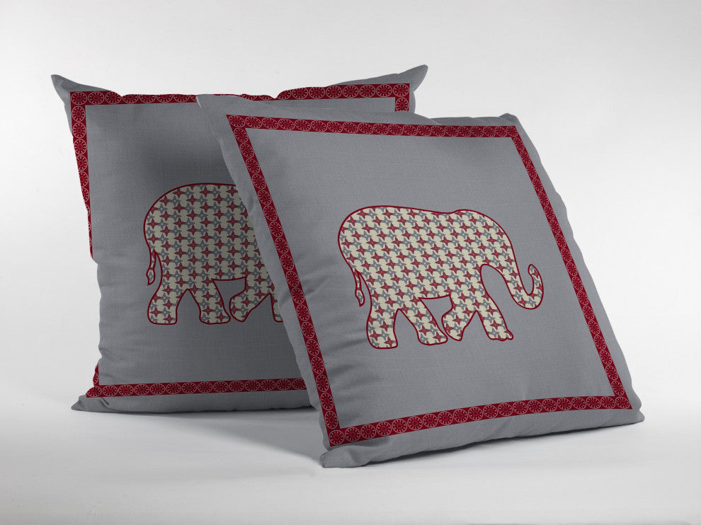 18 Red Gray Elephant Indoor Outdoor Zippered Throw Pillow