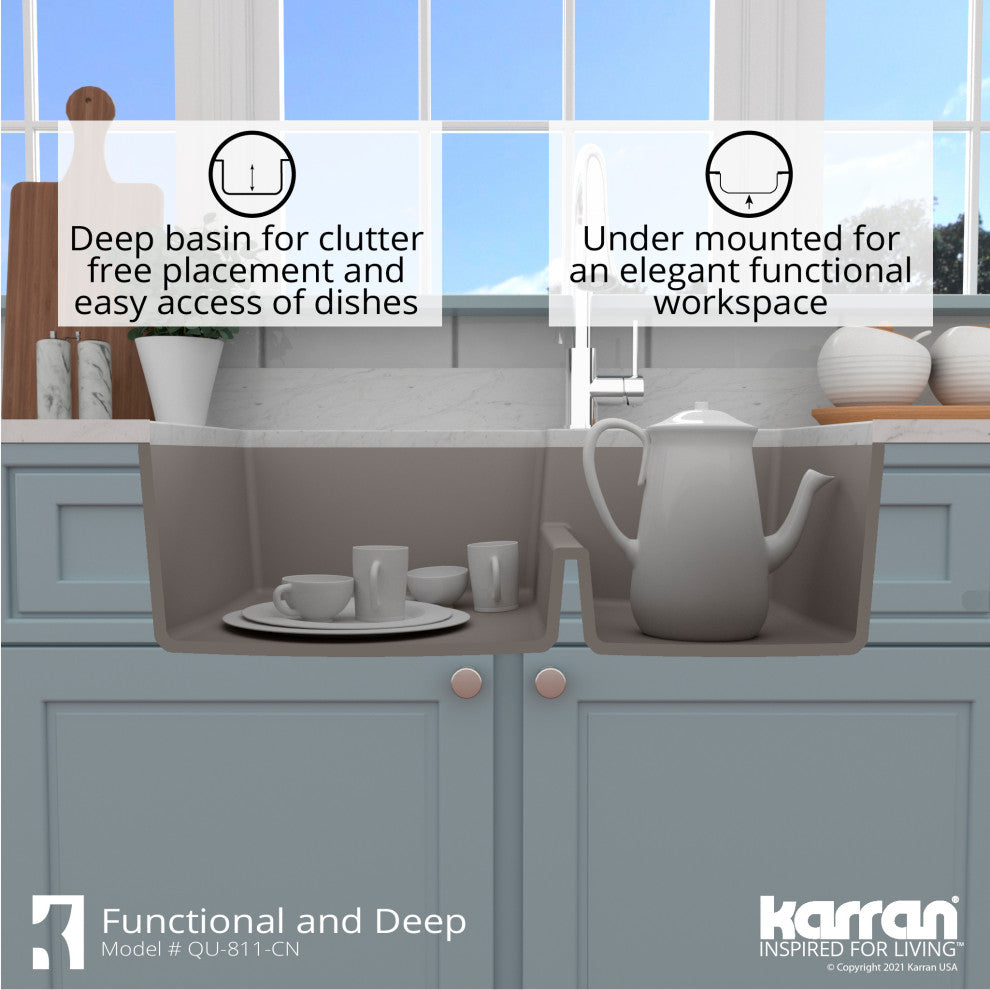 Karran 32" Undermount Double Bowl 60/40 Quartz Kitchen Sink Kit, Concrete