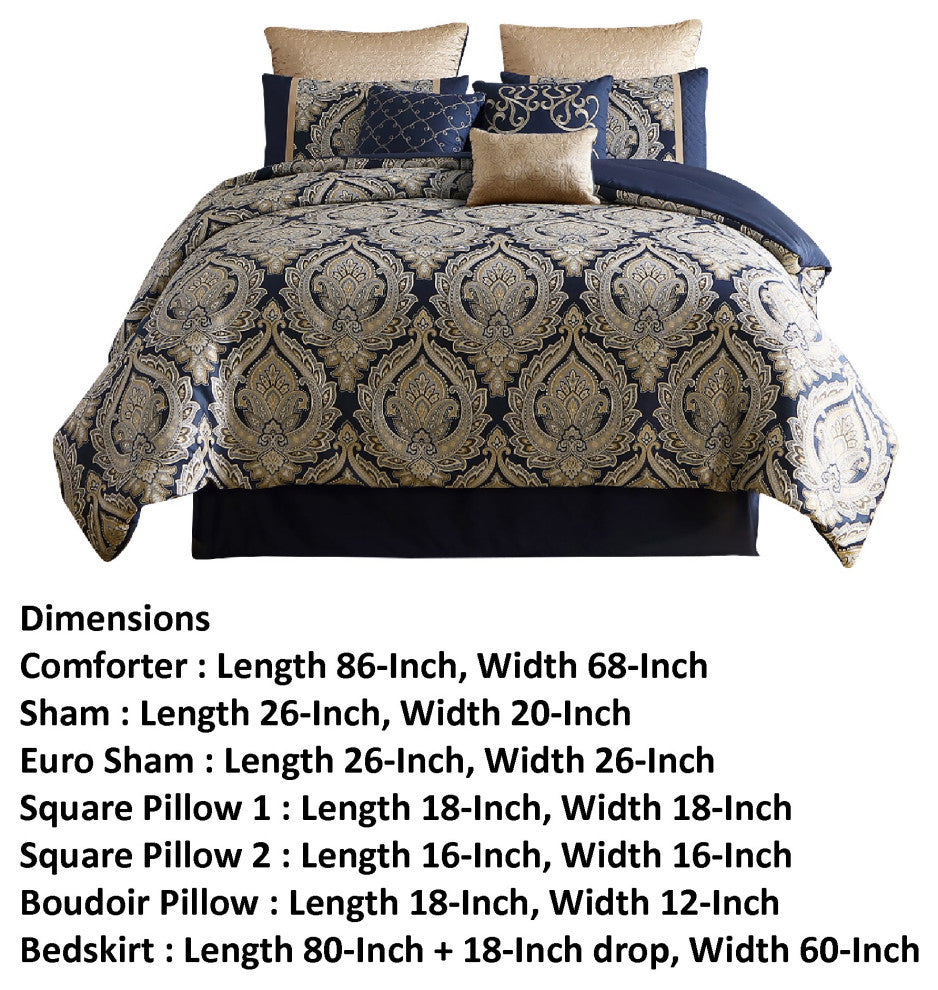 Benzara BM283873 Polyester Queen Comforter Set, Gold Damask Print, Navy Blue
