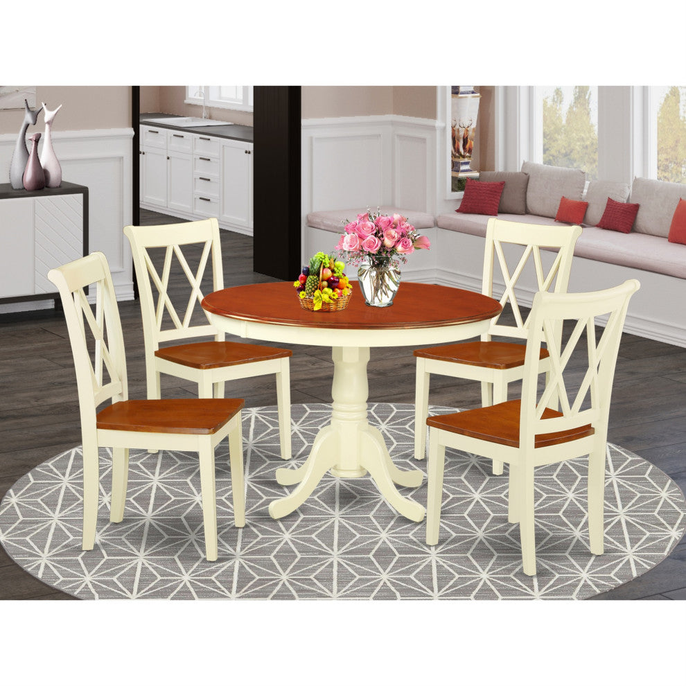 Hlcl5-Bmk-W, 5-Piece Round 42" Table and 4 Double X-Back Chairs