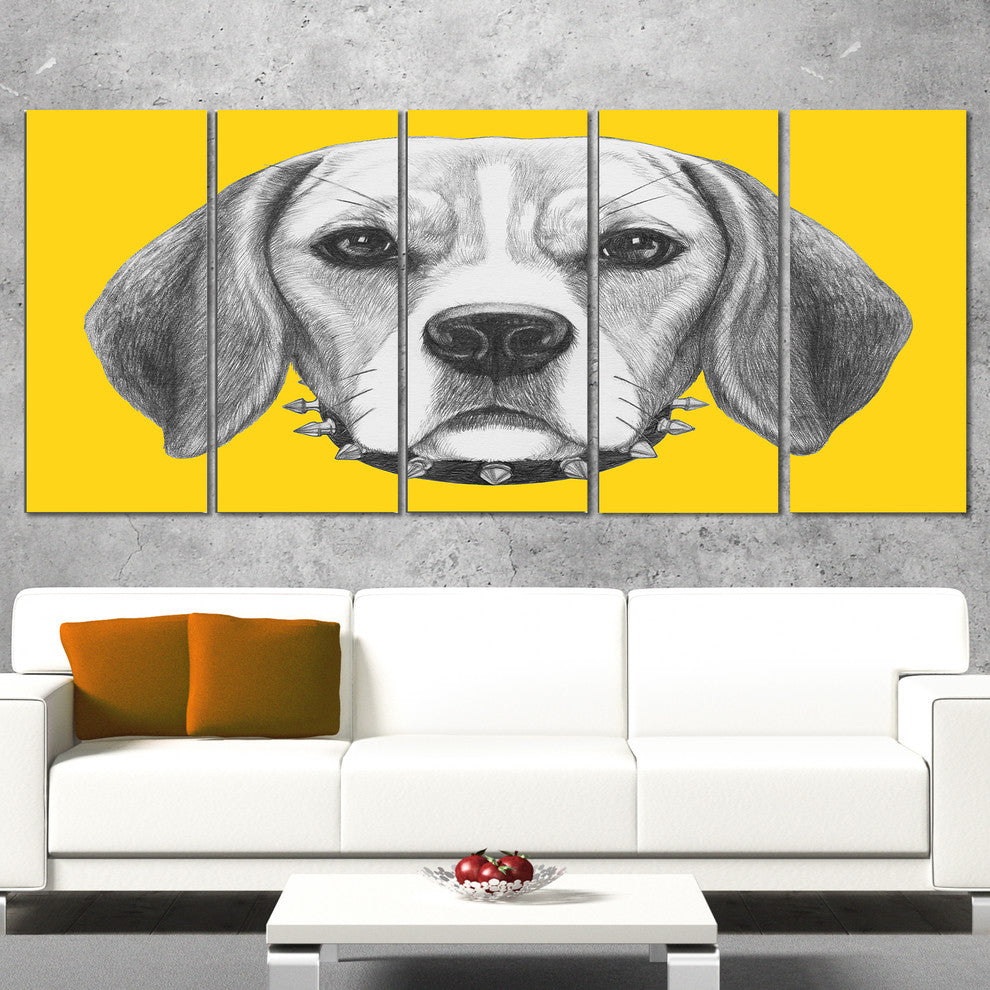 Funny Beagle Dog with Collar, Animal Canvas Art Print, 60"x28", 5 Panels