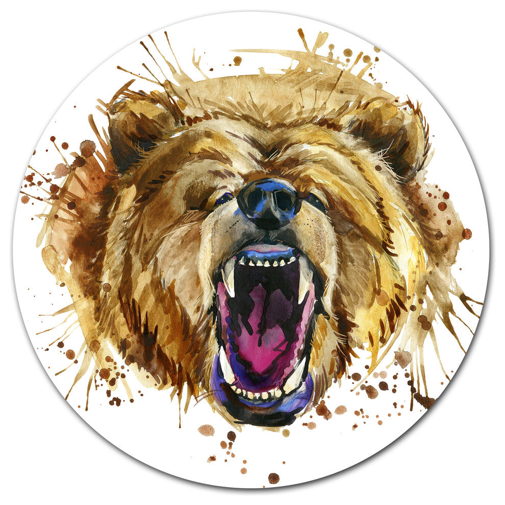 Growling Grizzly Bear Watercolor, Animal Round Wall Art, 11"
