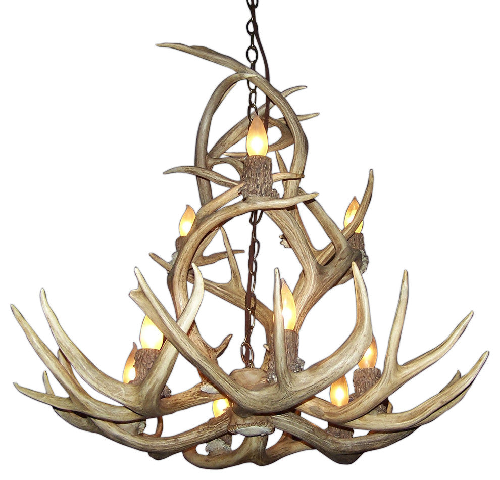 Mule Deer Yellowstone Chandelier, Brown Antler, Rawhide Shades