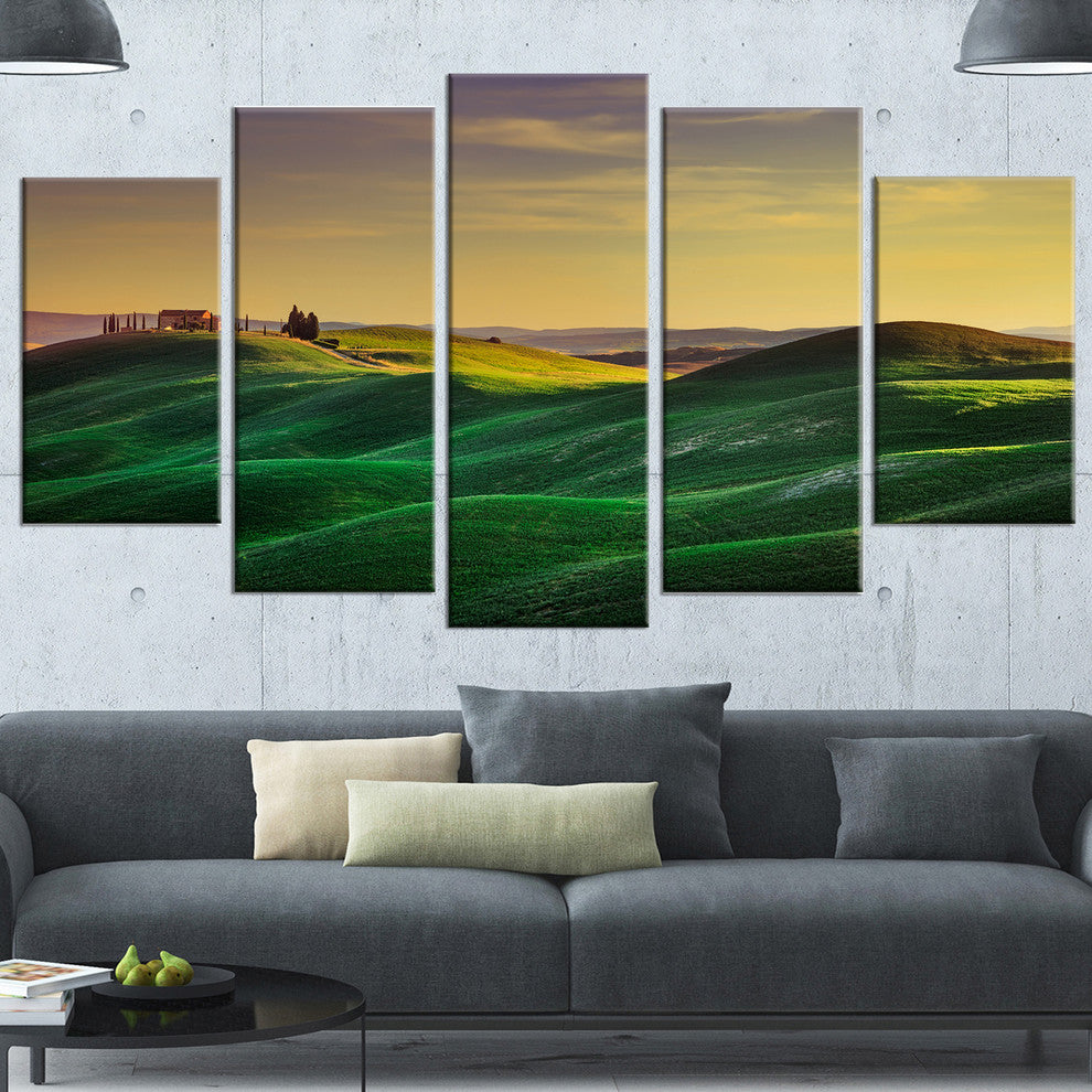 Green Rolling Hils in Crete Senesi, Landscape Canvas Wall Art, 60"x32", 5 Panels