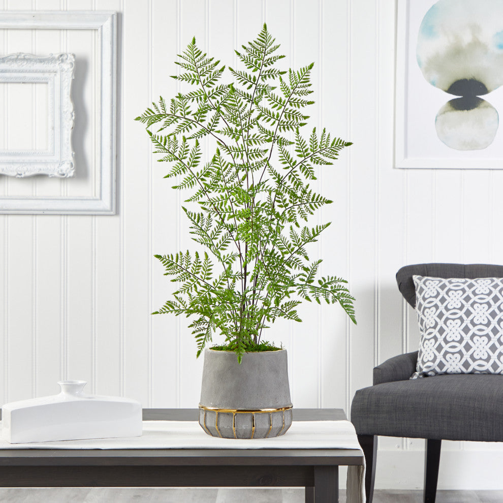 3' Ruffle Fern Artificial Tree, Stoneware Planter With Gold Trimming