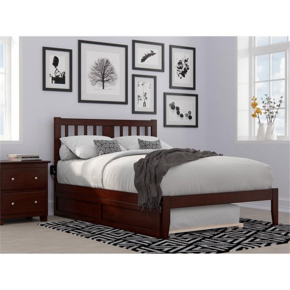 Pemberly Row Solid Wood Full Bed with Twin Trundle and USB Charger in Walnut