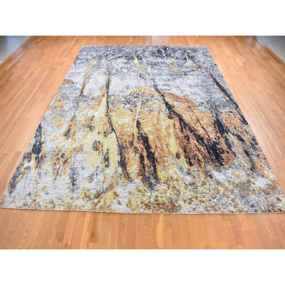 Sea Blue With Brown Fossil Design Wool and Silk Hand Knotted Rug, 10'x14'