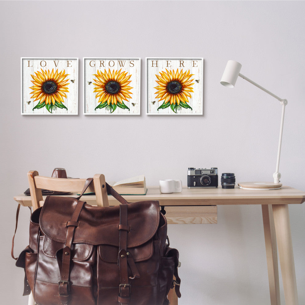 Love Grows Here Phrase Yellow Sunflowers Honey Bees,3pc, each 12 x 12