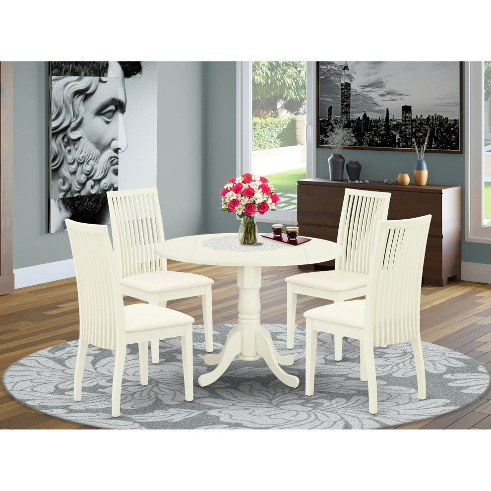 5Pc Dining Set, Round Dinette Table, Drop Leaves, Four Linen Seat Chairs, White