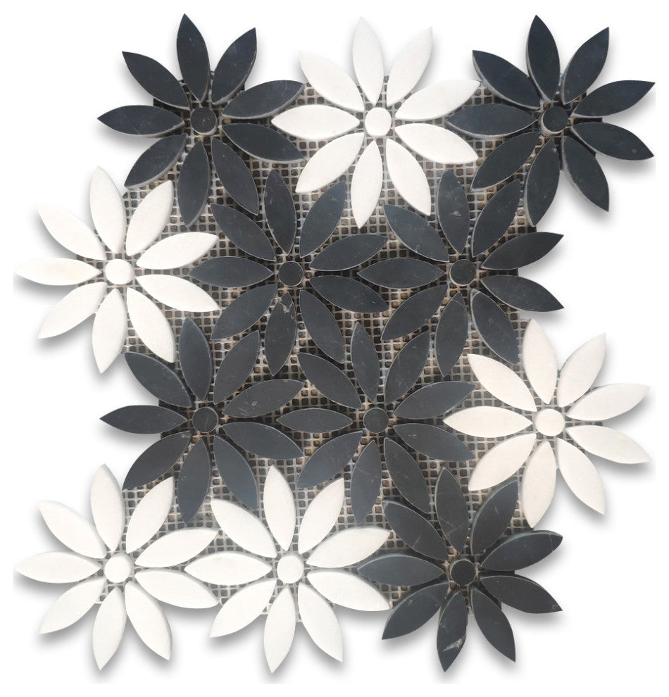 Nero Marquina Black Thassos White Marble Flower Waterjet Mosaic Tile, 1 sheet