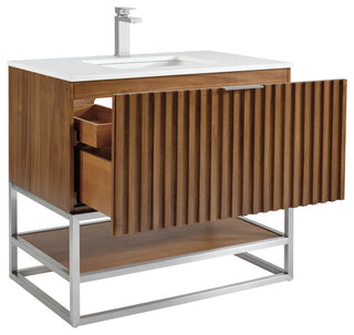 Terra Bathroom Vanity, Walnut/Brushed Nickel, 36", White Quartz Top