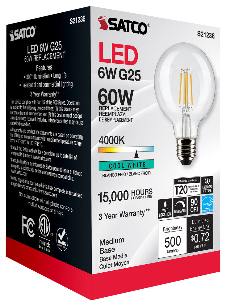 6W G25 LED, Clear, Medium Base, 90 CRI, 4000K, 120V
