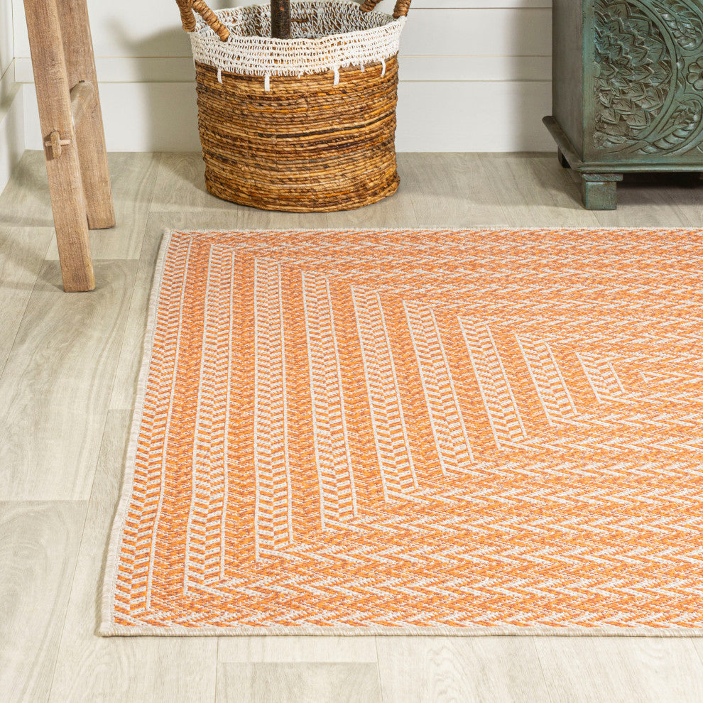Chevron Modern Concentric Squares Indoor/Outdoor Area Rug, Orange/Cream, 3 X 5