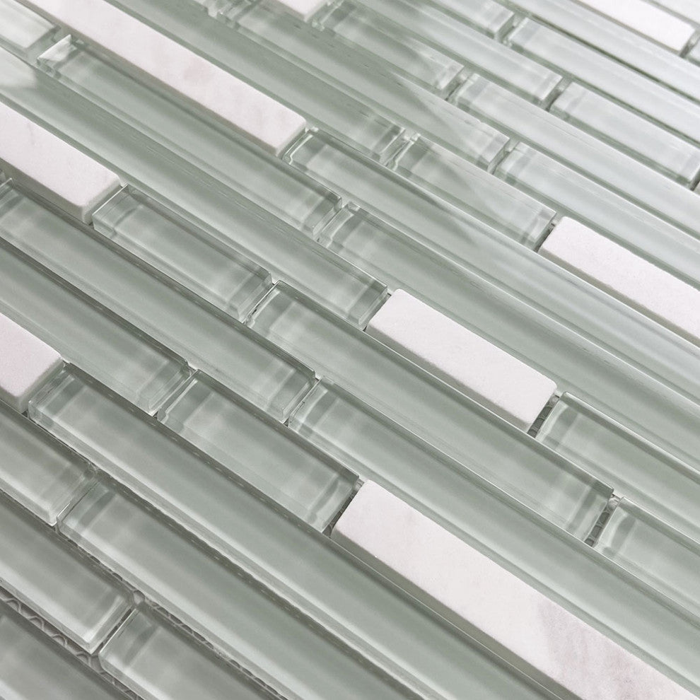 Glass Mosaic Tile White Glass White Marble Brick Cane Backsplash, 1 sheet