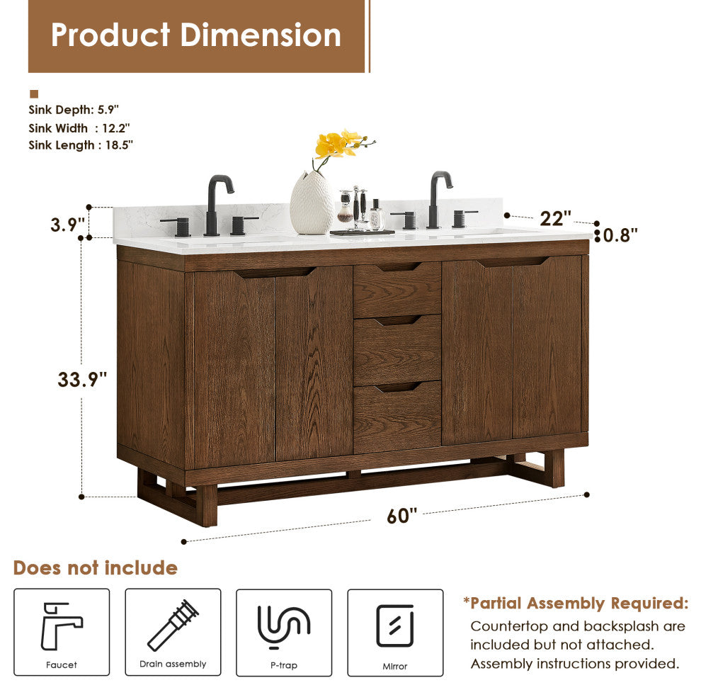 Mowry Bathroom Vanity, Brown Brushed Oak, 60", No Mirror