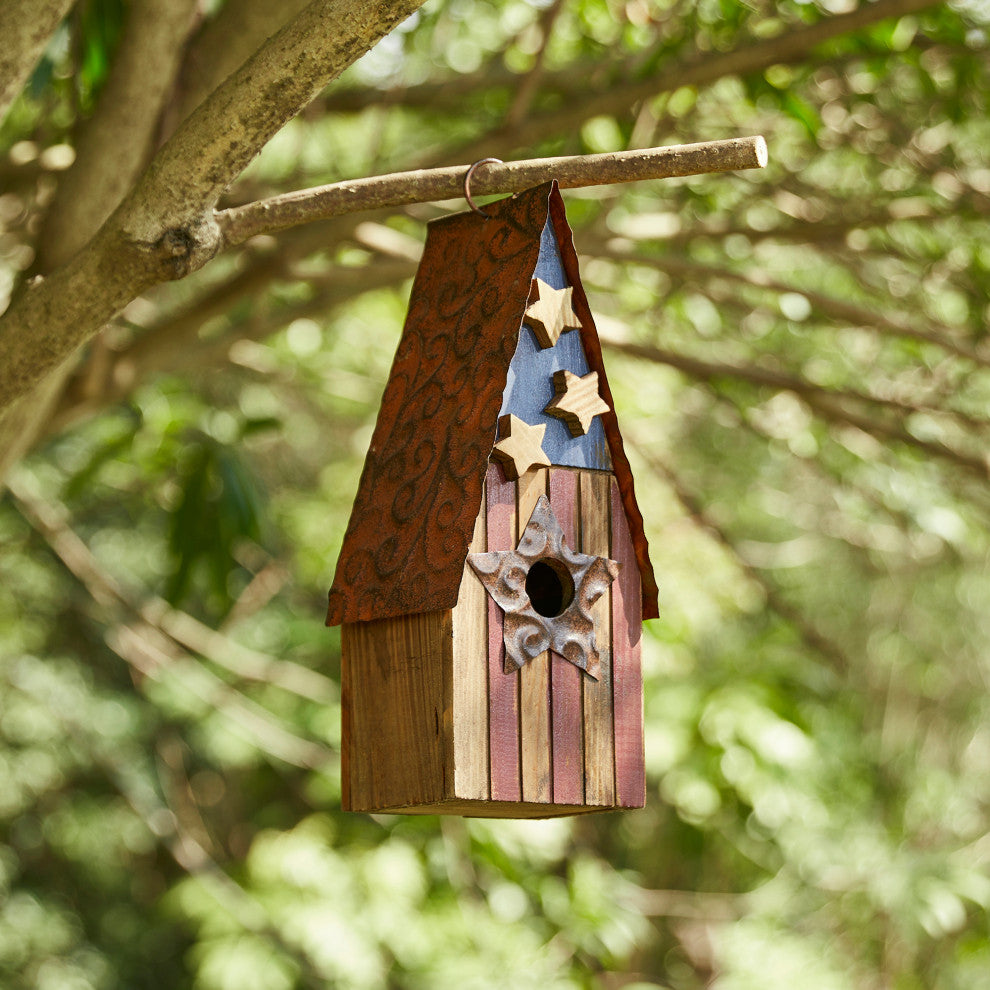 12.4" H USA Patriotic Theme Wooden Bluebird House Decorative Birdhouse