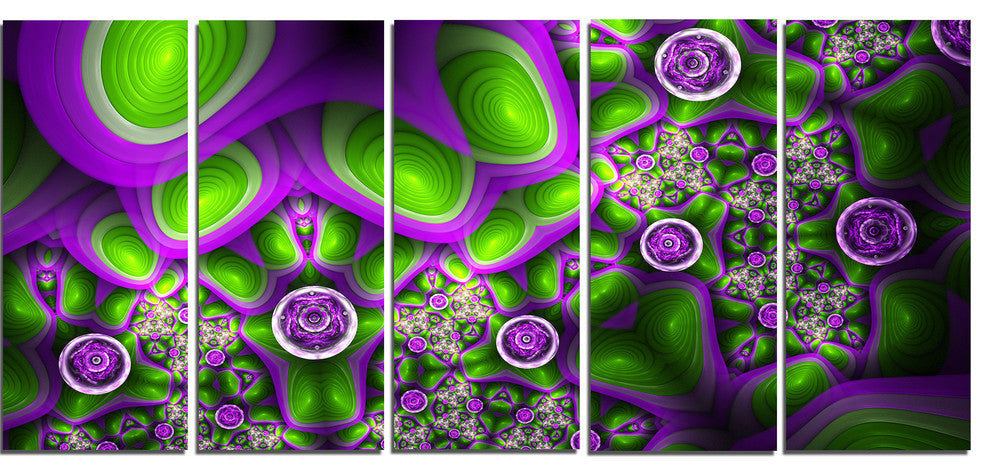 Green Purple Exotic Pattern, Abstract Wall Art Canvas, 60"x28", 5 Panels