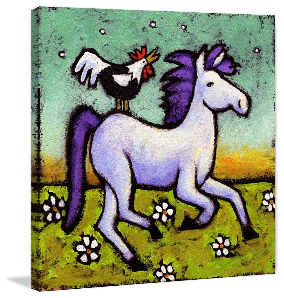 Marmont Hill, "Rooster Rides a Horse" by Janet Nelson on Wrapped Canvas, 18x18