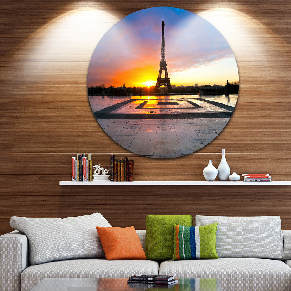 Eiffel Tower At Beautiful Sunrise, Landscape Disc Metal Artwork, 23"