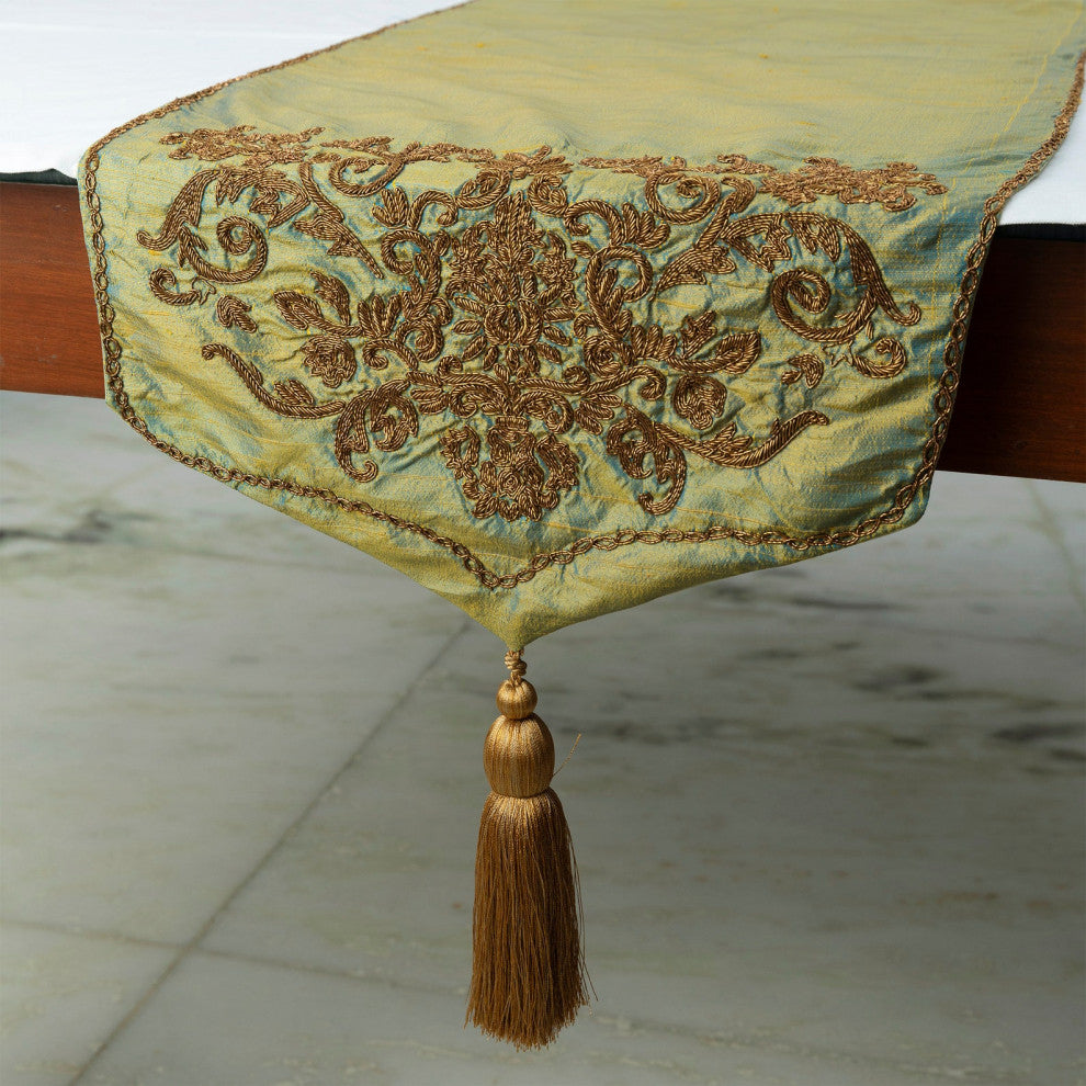 Decorative Table Runner, Gold Silk 16"x108", Zardozi and Tassels Orla