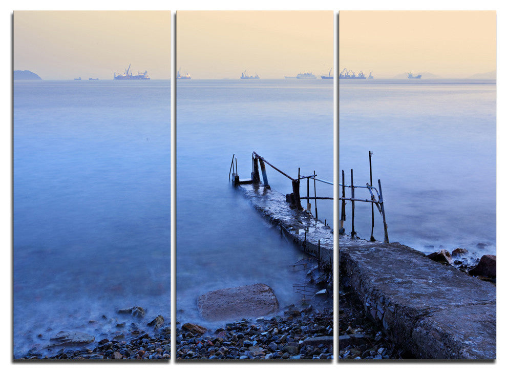 "Abandoned Pier into Blue Sea" Sea Bridge Metal Wall Art, 3 Panels, 36"x28"