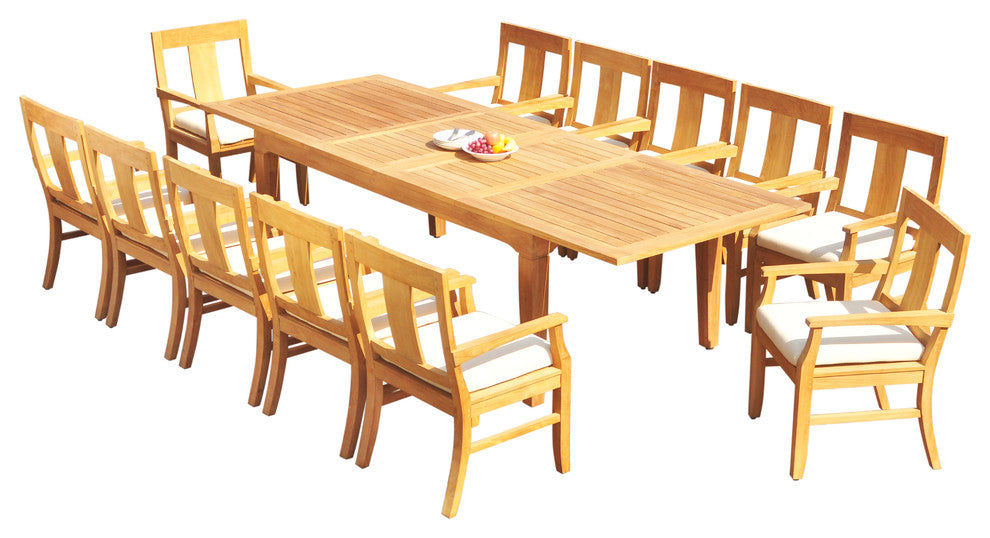 13-Piece Outdoor Teak Dining Set: 122" Extn Rectangle Table, 12 Osbo Arm Chairs