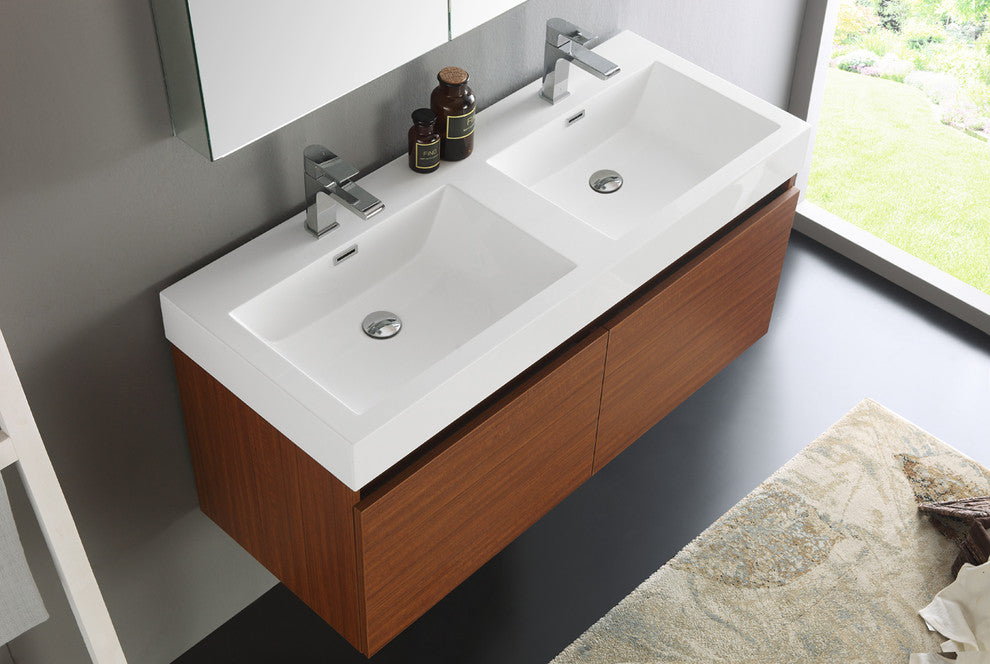 Mezzo 48" Teak Wall Hung Double Sink Modern Bathroom Vanity, FFT9151CH