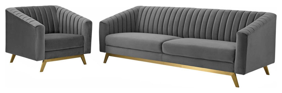 Tufted Armchair and Sofa Set, Velvet, Gray, Modern, Lounge Hospitality