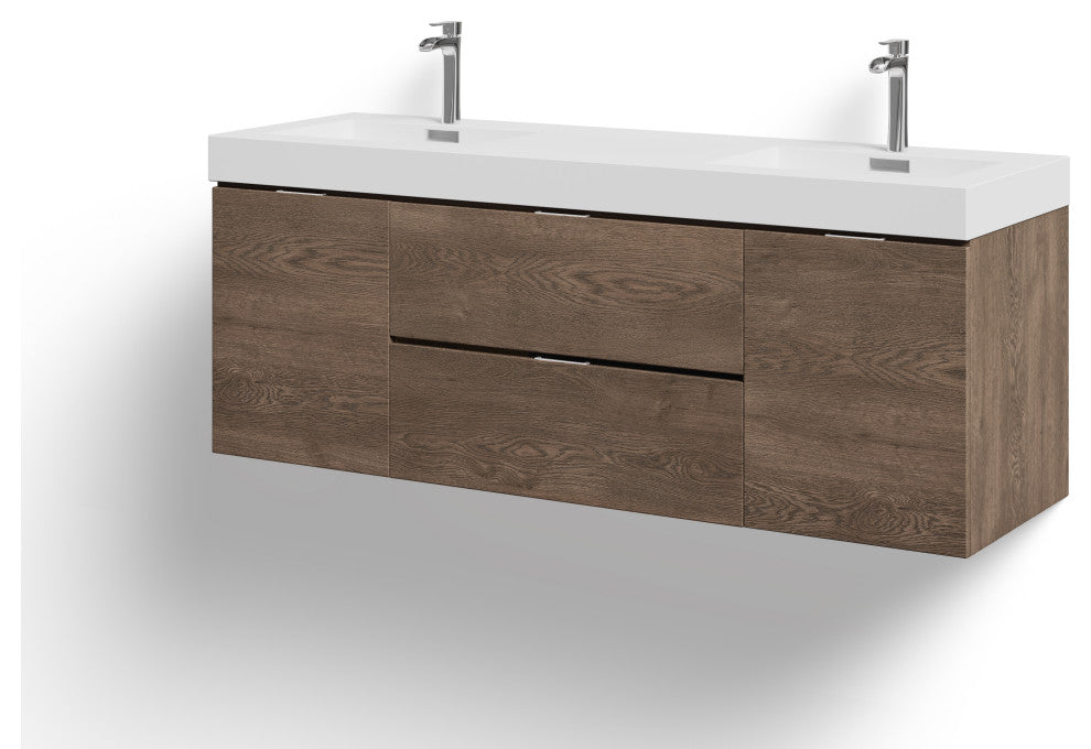 Boutique Bath Vanity, Butternut, 60", Double Sink, Wall Mount