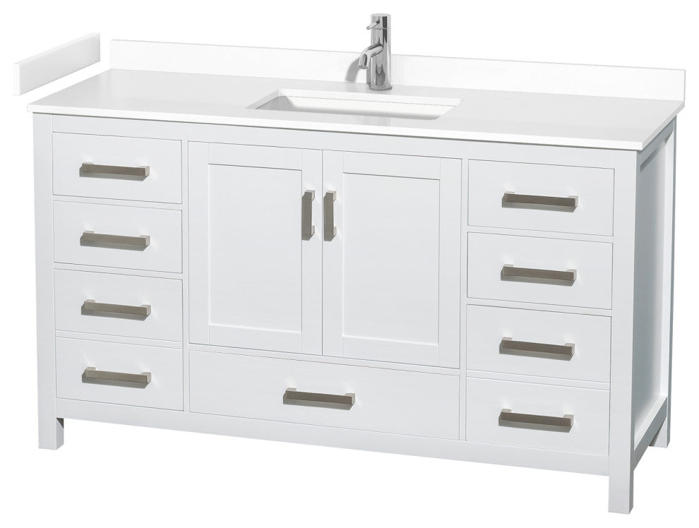 60" Single Bathroom Vanity, White, White Cultured Marble Countertop, Sink