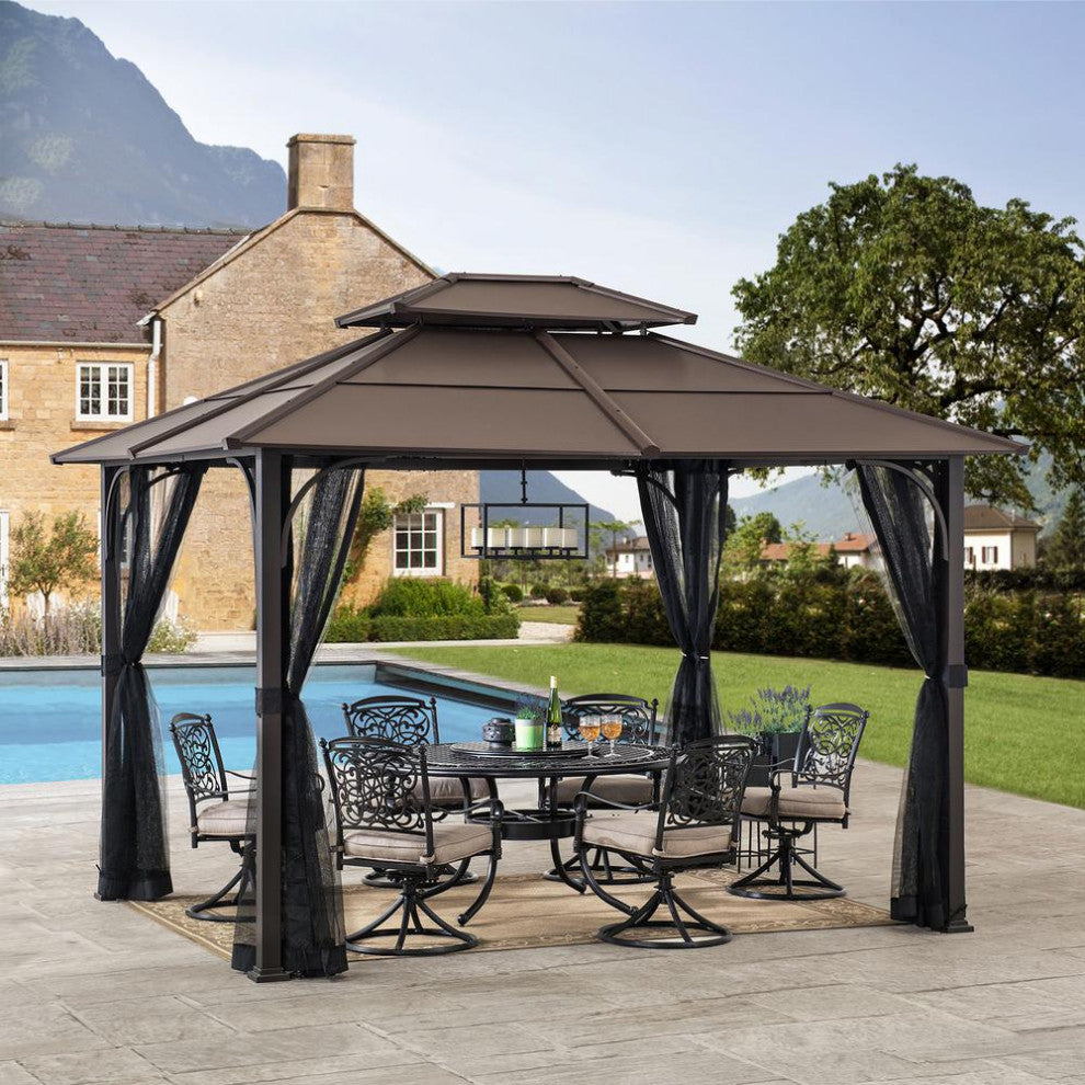 Sunjoy 10 ft. x 12 ft. Black and Brown Steel Gazebo with 2-tier Hip Roof...