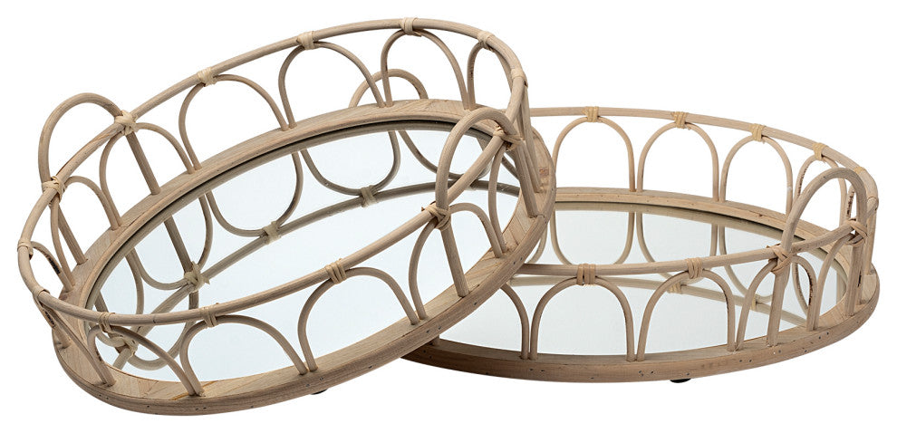 Leona Brown Wicker Mirrored Base Nesting Trays, Set of 2