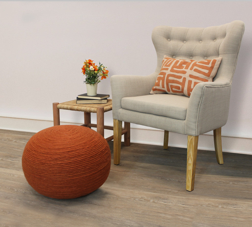 Ellie Round Pouf in Orange Wool With Polyester Filling