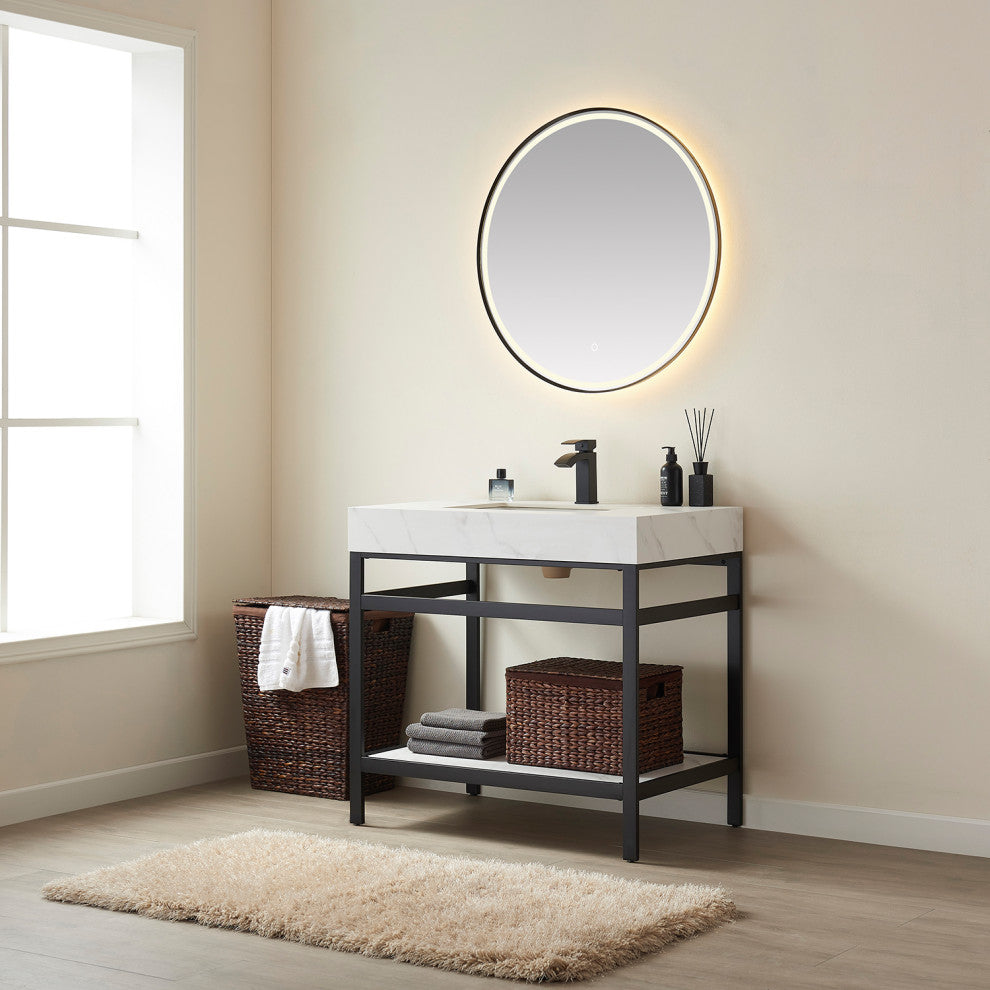 Funes Bath Vanity with Mirror, Matte Black Support, 36'''', White Stone Top
