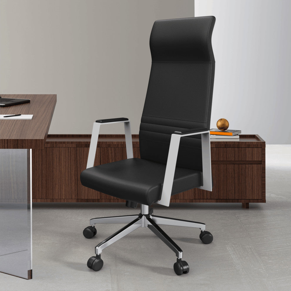 LeisureMod Aleen High-Back Leather Office Chair With Swivel and Tilt, Black