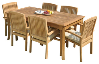 7-Piece Outdoor Teak Dining Set: 83" Rectangle Table, 6 Wave Stacking Arm Chairs