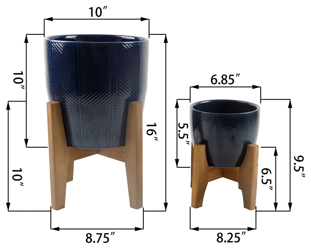 10" and 6.6" Chevron Ceramic Planter On Stand ? Set of 2