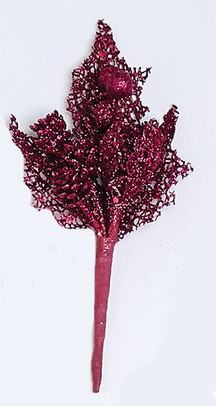 Mini Glitter Leaf and Cone Pick, Burgundy, 7"