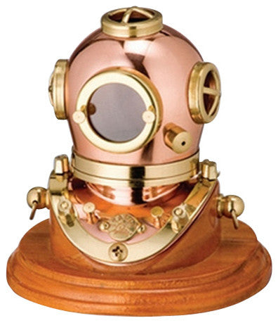 3" Polished Brass and Copper Mark V Dive Helmet With Wood Base