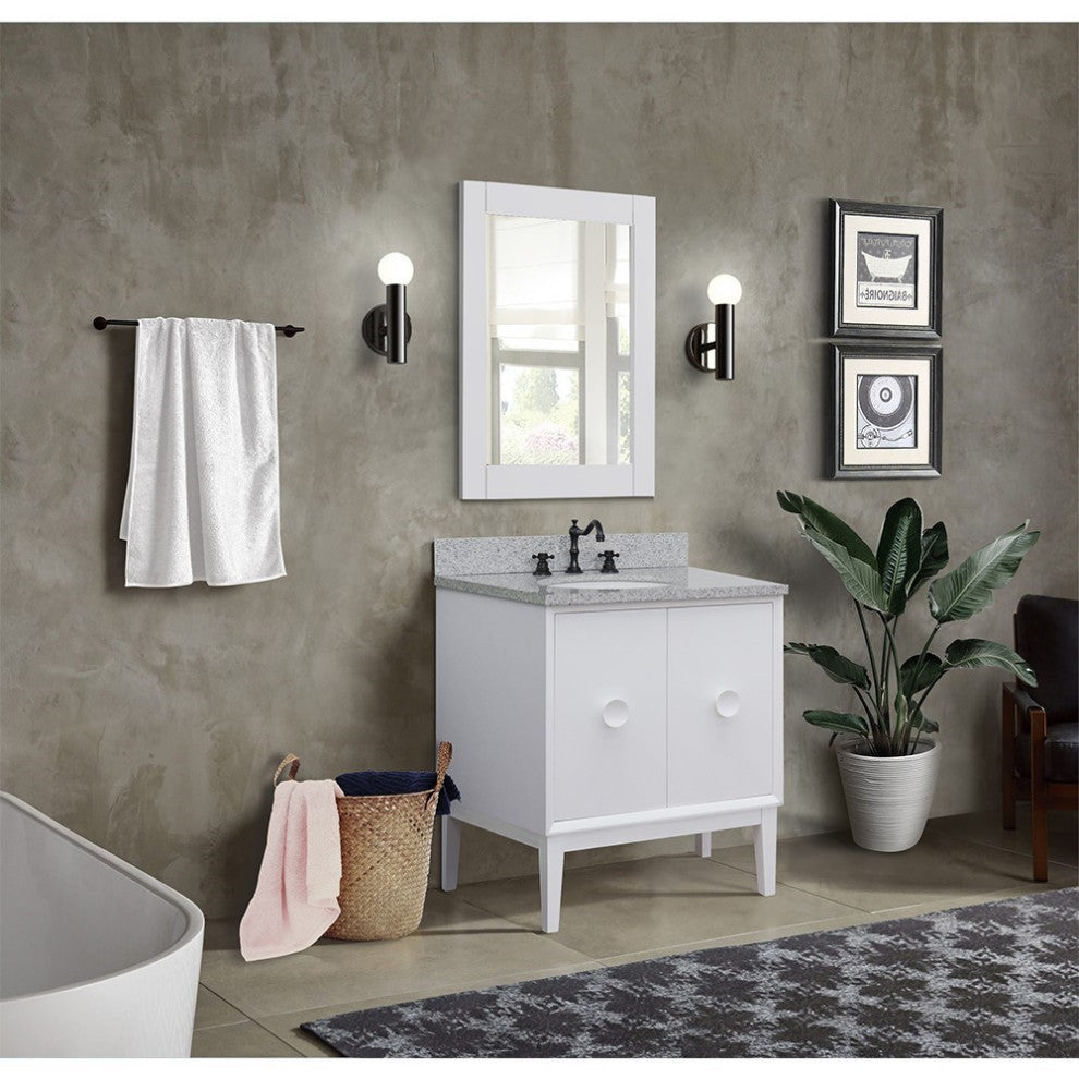 31" Single Vanity, White Finish With Gray Granite Top And Oval Sink