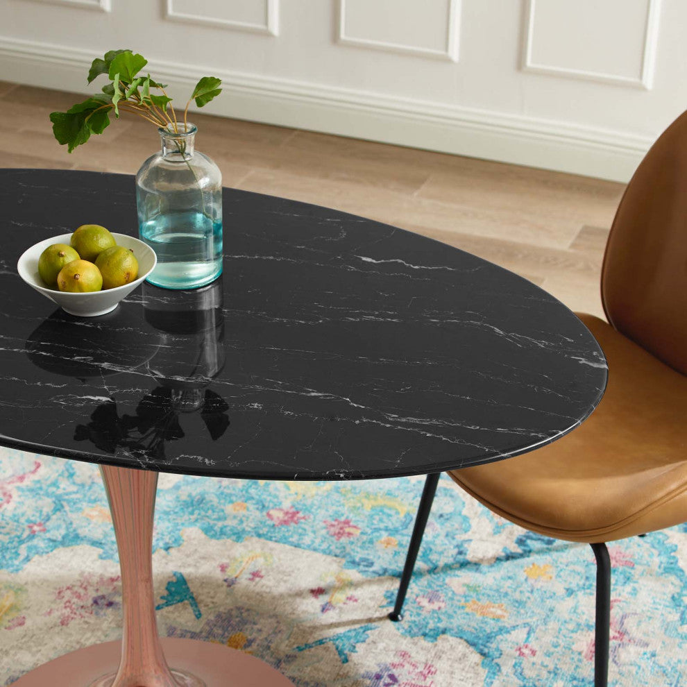 Dining Table, Oval, Artificial Marble, Metal, Rose Gold Black, Modern, Bistro